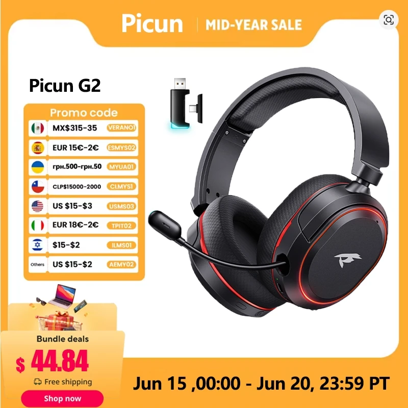 Picun G2 2.4G 무선 게임용 헤드셋 Bluetooth 헤드폰 5ms 낮은 대기 시간 7.1 PC PS4 PS5 전화 스위치 용 서라운드 ENC 마이크