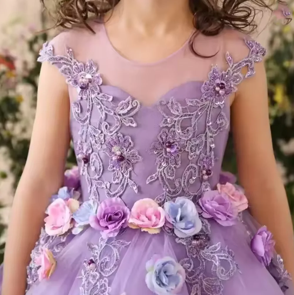 子供ラベンダーパフォーマンス衣装子供パーティードレス衣装女の子プリンセスパープル誕生日服エレガントなポンカタピアノ