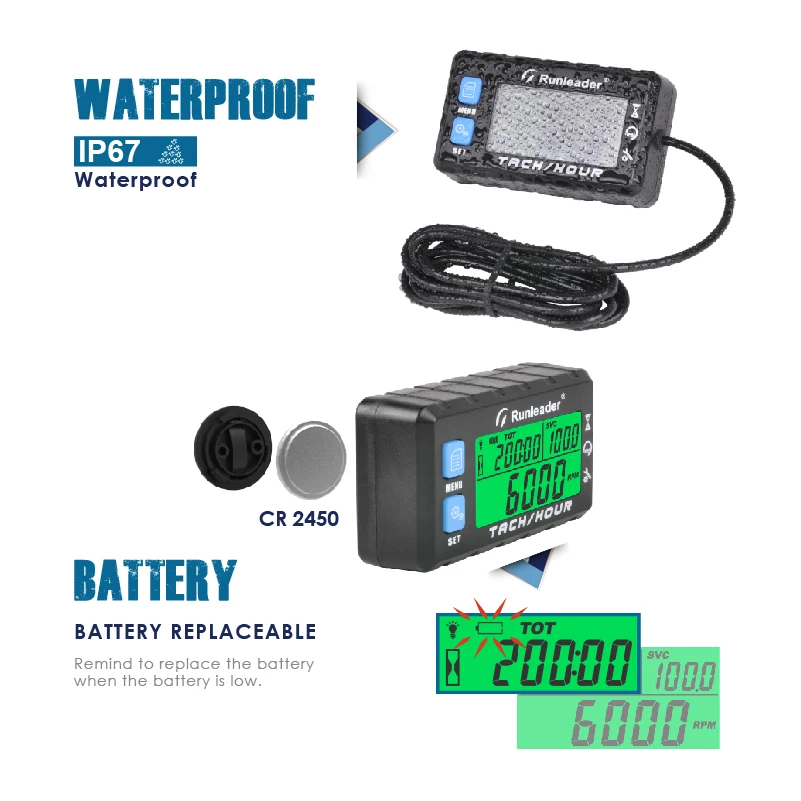 Digital Tacho Hour Meters Multi-Color Backlit Engine Tachometer Maintenance Reminder Blue Hour Meter Display for Boat Lawn Mower