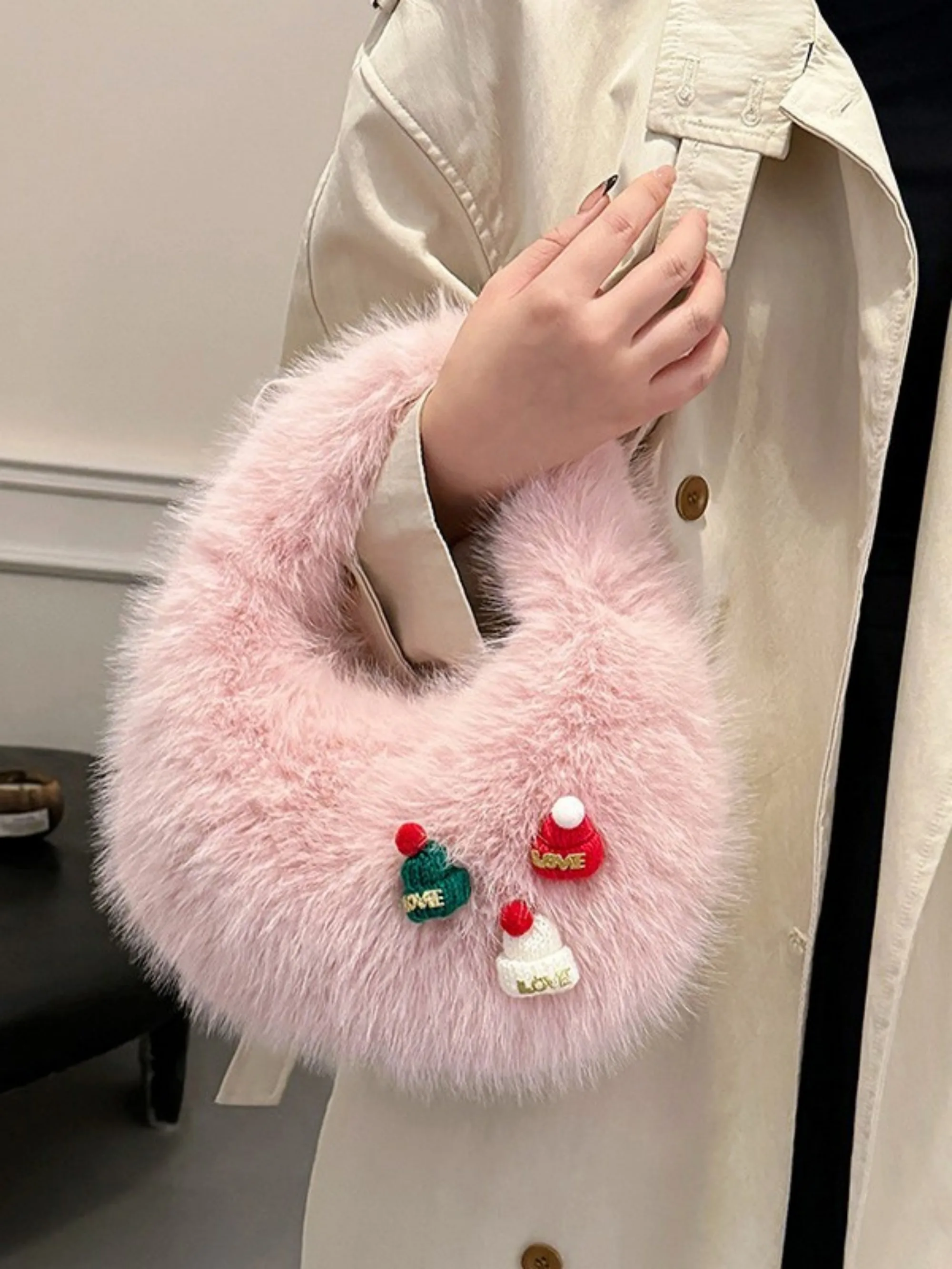 Christmas style fur bag 2024 winter new handbag high-end versatile cute small handbag autumn and winter armpit velvet bag