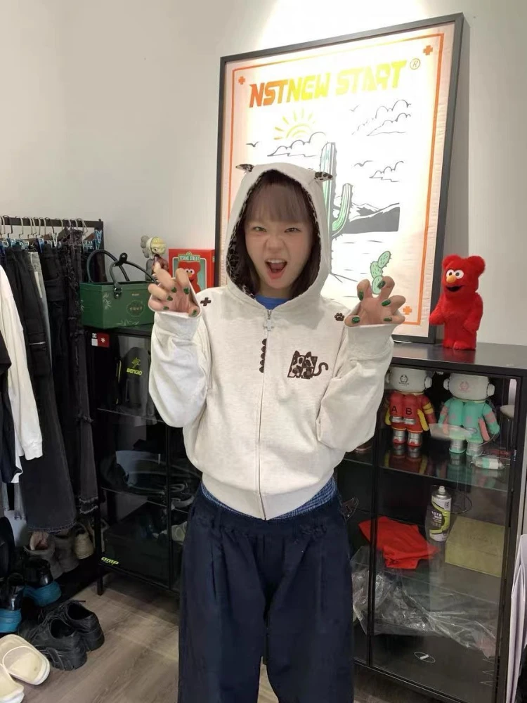 Deeptown Kawaii Zip Up Hoodies Women Japanese Style Vintage Leopard Print Sweatshirts Oversized Cute Embroidered Bunny Hoodies