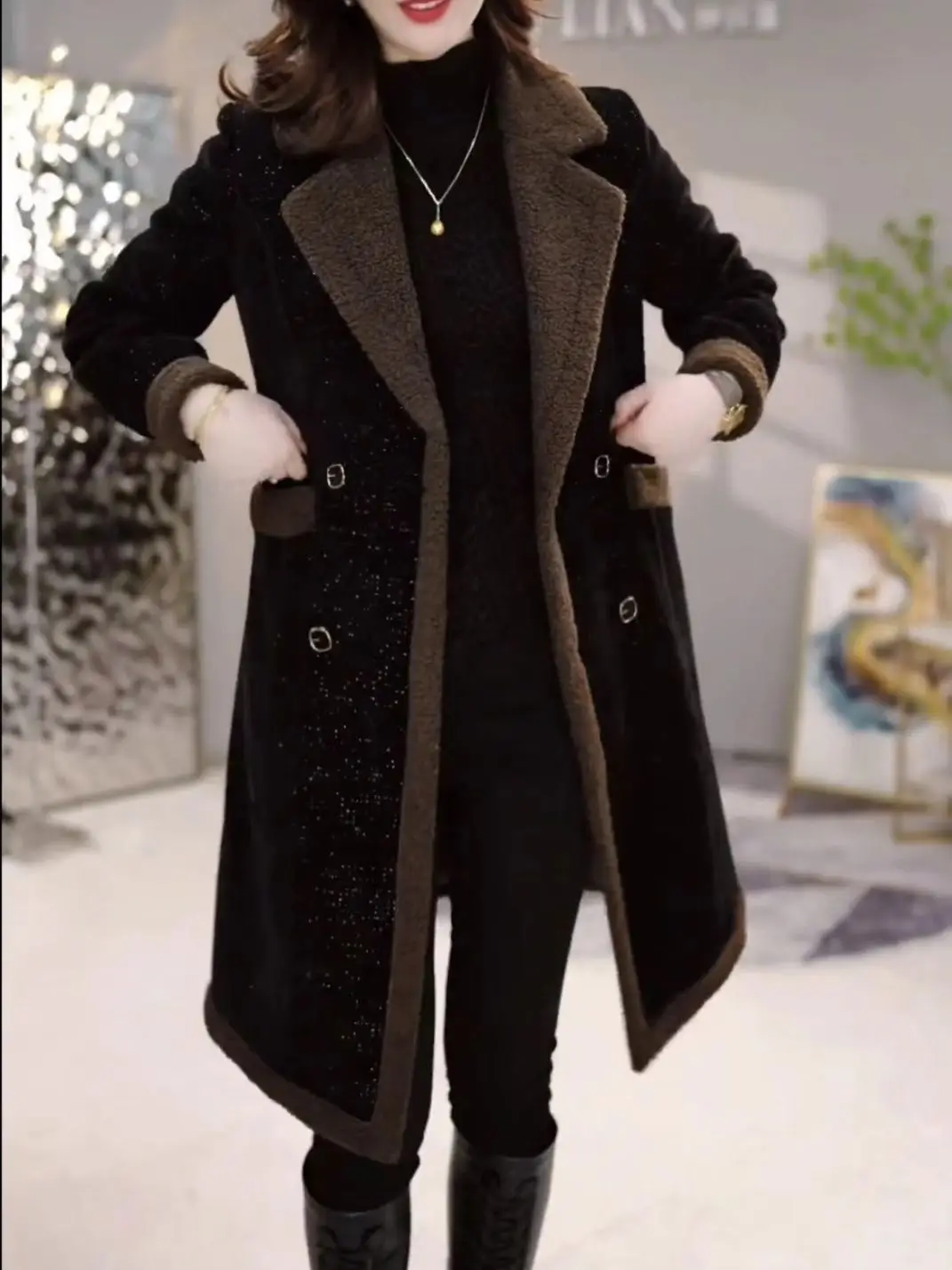 plus Size Women's Fce Lined Jaet Mid-Length Loose Thiened Autumn Winter Coat Korean Sle Long Sve  Collar Butt...