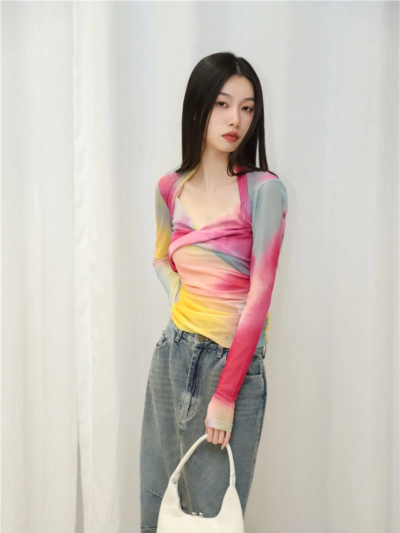 CHEERART Colorful Tie Dye Long Sleeve Tees Designer Mesh Top For Women 2023 Summer Square Neck Fashion Tees New Arrivals