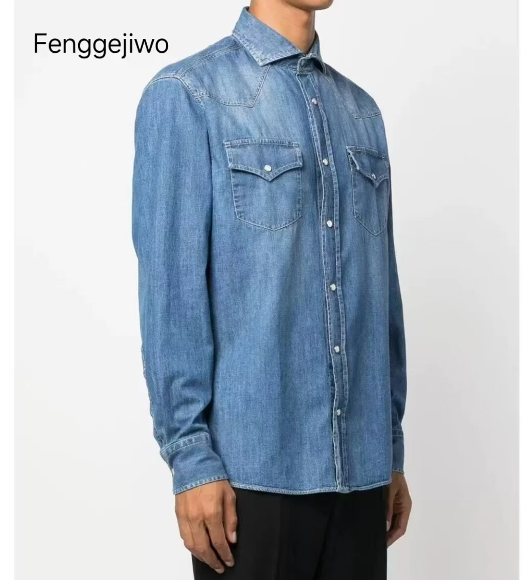 

Fenggejiwo men's denim shirt, washed denim jacket, casual solid color denim jacket