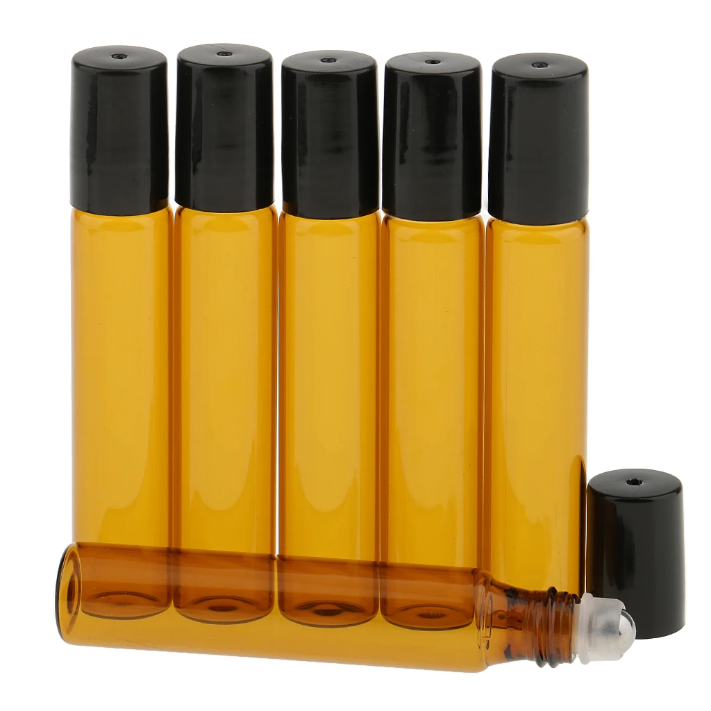 Portable Travel Refillable Empty Vials, 6pcs, Amber, 10ml Glass Bottles with Stainless Steel