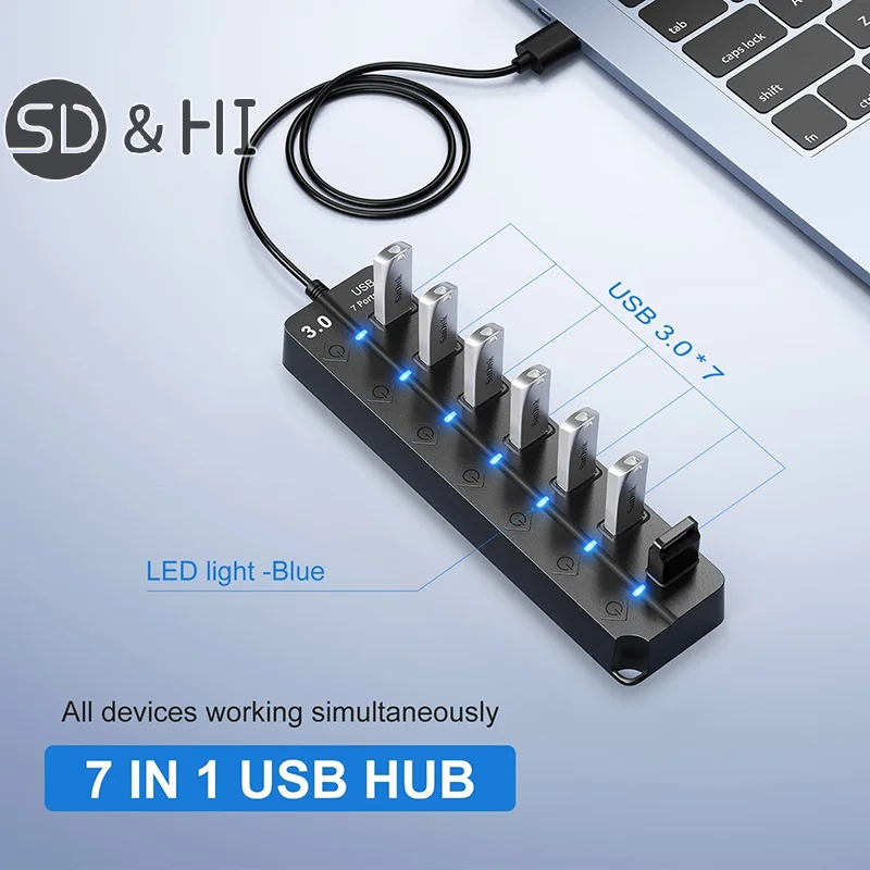 USB Hub 3.0 Multiprise USB High Speed Splitter 7 Port 5Gbps Hub Power Adapter With Switch Long Cable With Multiple Expander Hub