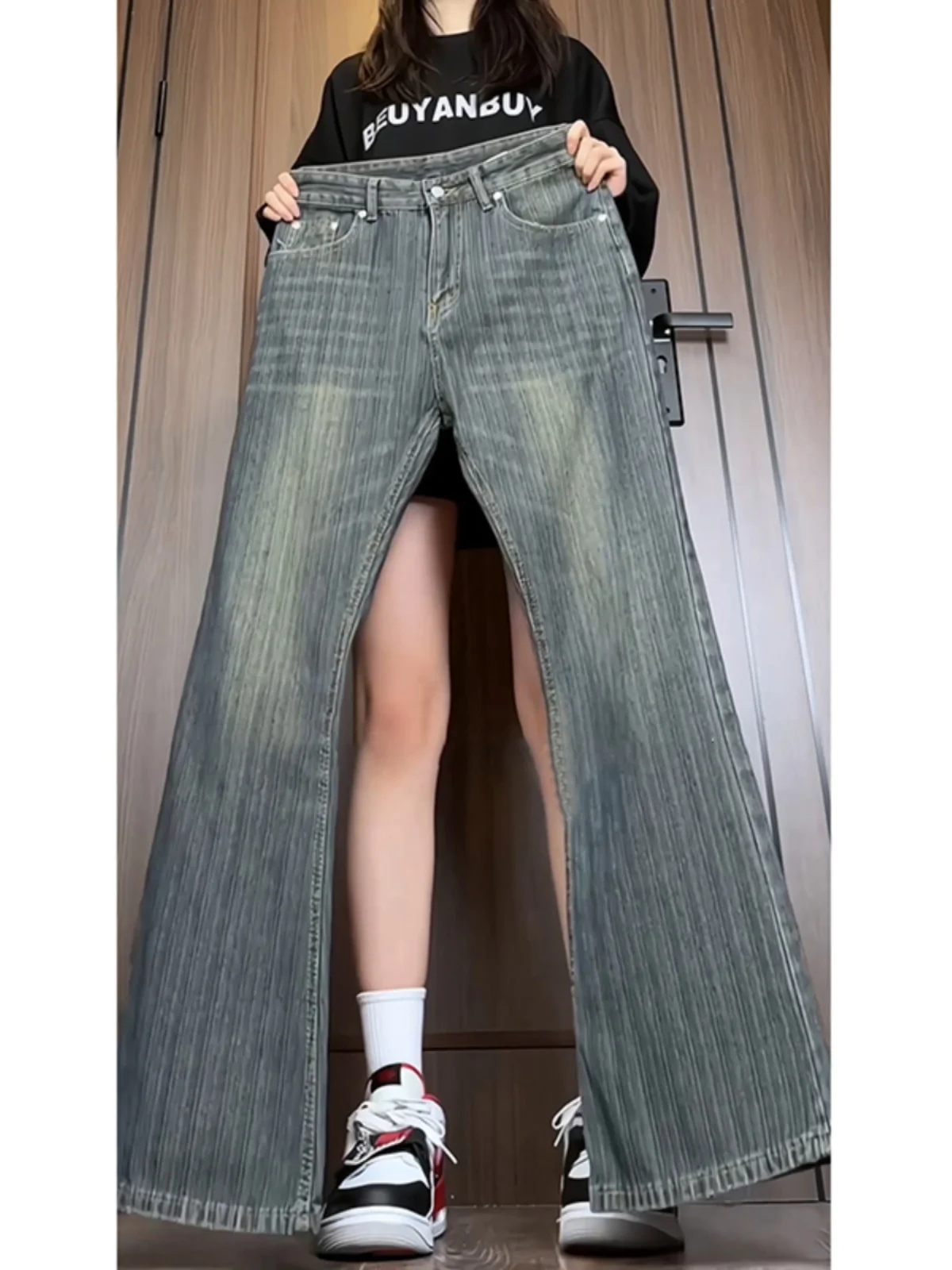 

Мужские джинсы с высокой талией, прямые, с узором «бамбуковый узел», удлиненные, в американском уличном стиле, слегка расклешенные, с эффектом «ножевого» кроя