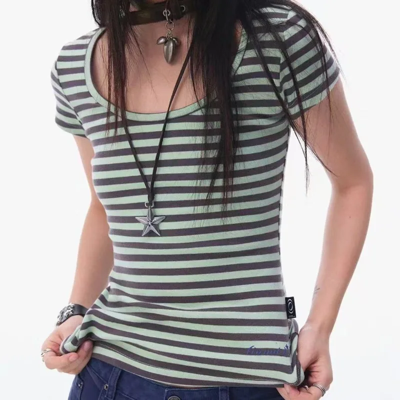 

Deeptown Vintage Y2k Striped T-shirts Women Harajuku Fashion Short Sleeve T-shirts Pink Retro Crop Tops Japanese Style Summer