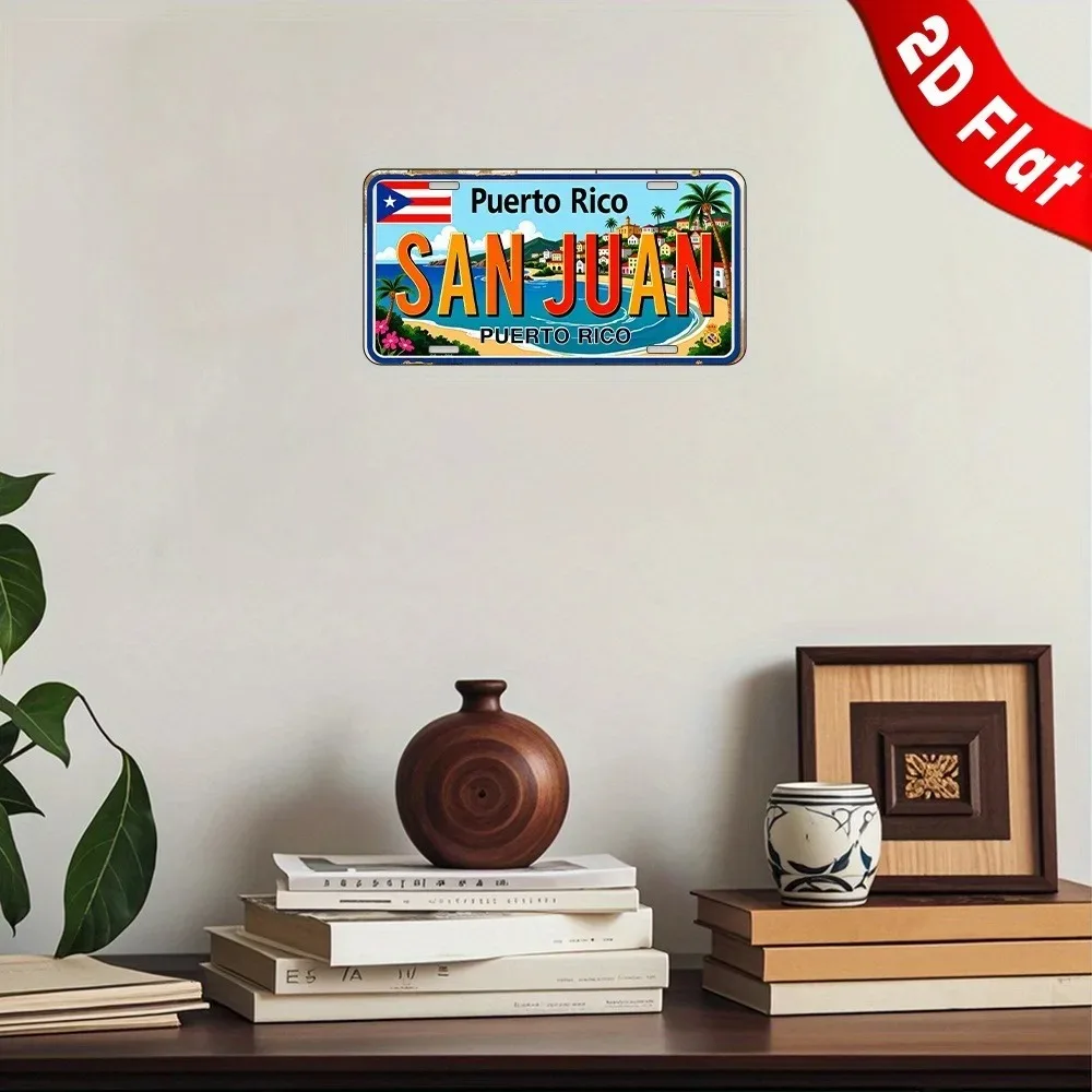 1pc Custom 2D Flat San Juan Puerto Rico Metal Plaque 6x12in, Coastal Scenery Wall Ornament Travel Gift for Home Bar & Garage (De