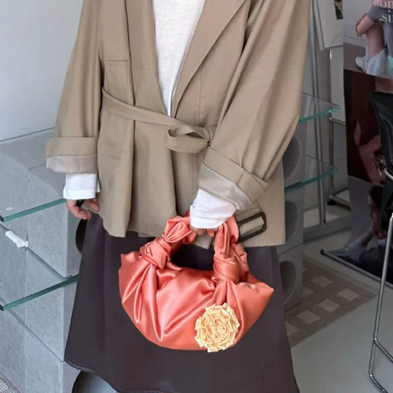 New Satin Pleated Flower Dumpling Bag For Women Fashion Three-Dimensional Flower Retro Women handbag