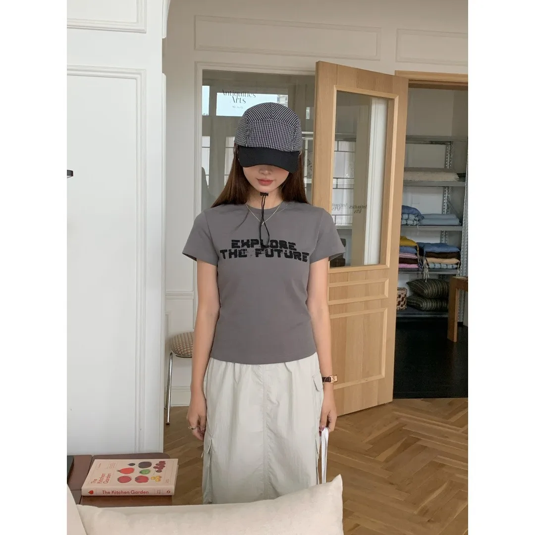 

GAGD American Retro Letter ort Sve T-irt Women's Spicy Versatile Casual Slimming ort T-irt Busin Casual Cotton ...