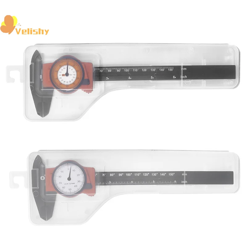 Calibro a corsoio per marcatura 0-150MM 0-6 "con orologio Calibro a corsoio in plastica con scatola di immagazzinaggio Strumenti per strumenti ad alta precisione