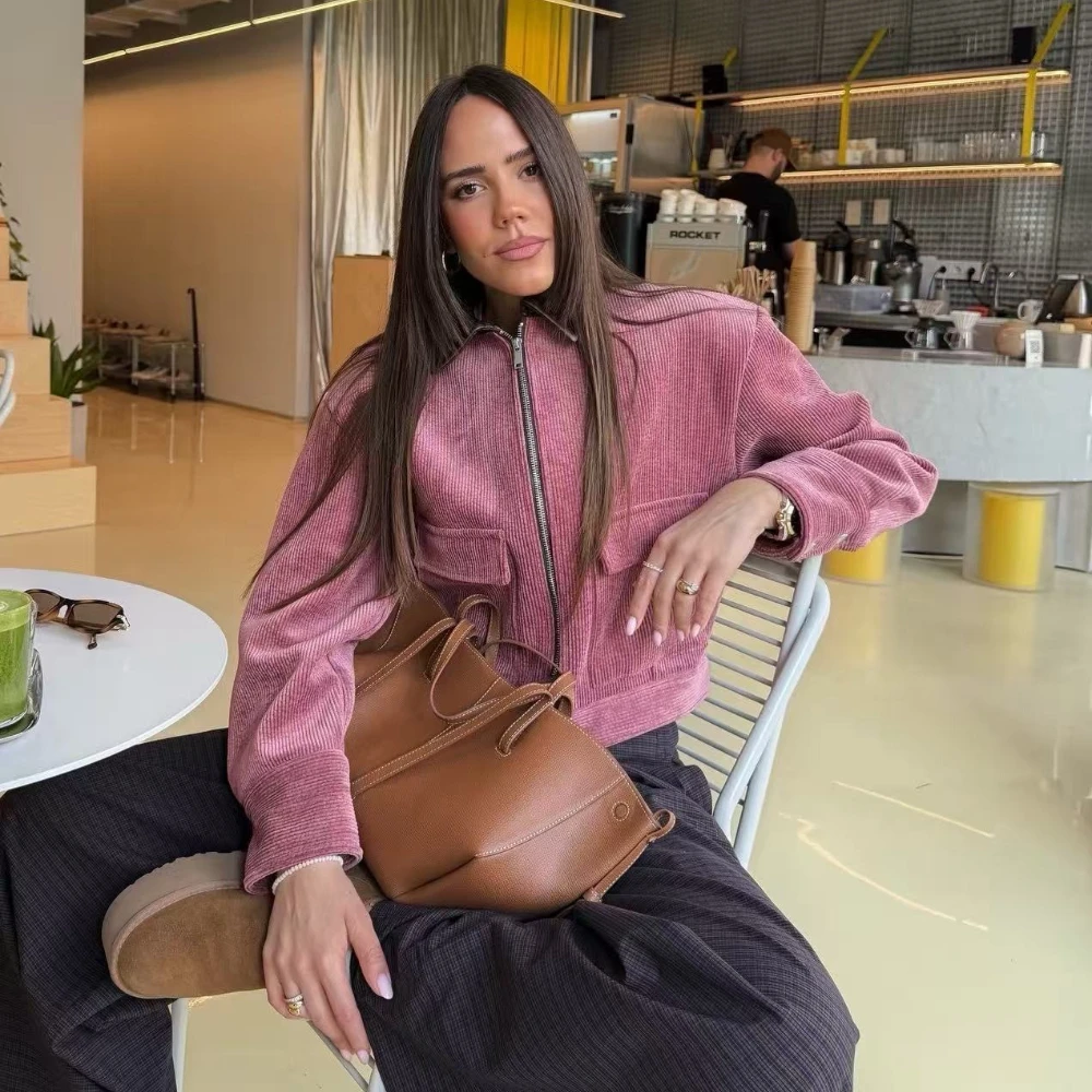 Sherpa Coat Women - Suninbox Retro Pembe Kırpılmış Fitilli Kadife