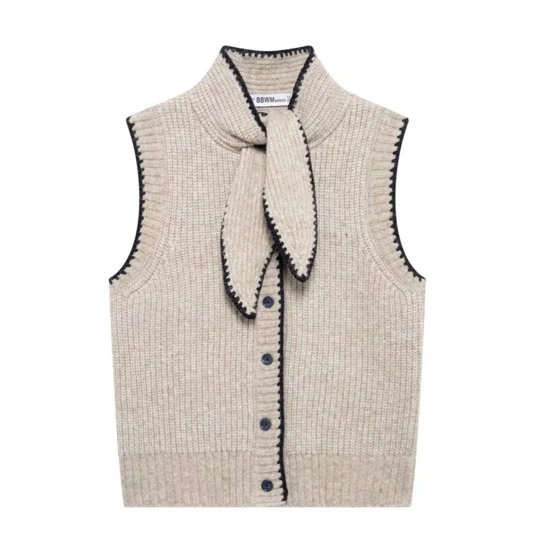 TRAF Patchwork Tank Top Women Autumn Fashion Knitted Decorative Edge Waistcoat Casual Woman Tops Knot Tie Straps Female Tops