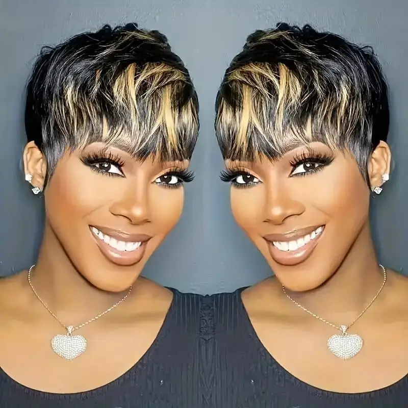 

Короткий парик с стрижкой пикси для чернокожих женщин - многослойный парик пикси цвета синтетических волос с челкой для женщин, бесклеевой парик из синтетических волос