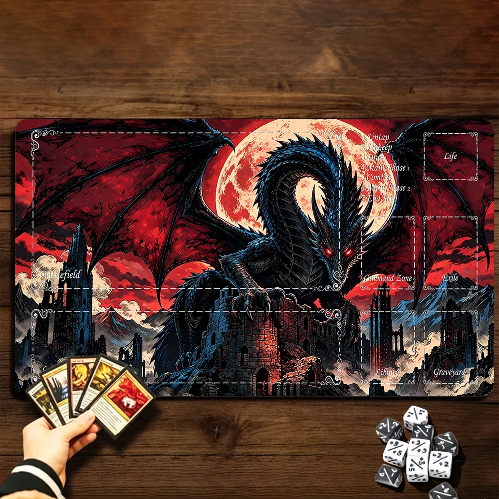 Red Moon Demon Dragon TCG Playmat Magic Playmat Gathering Gaming Mat with Stitched Edge Anti-slip base 60X35cm Trading Card Game