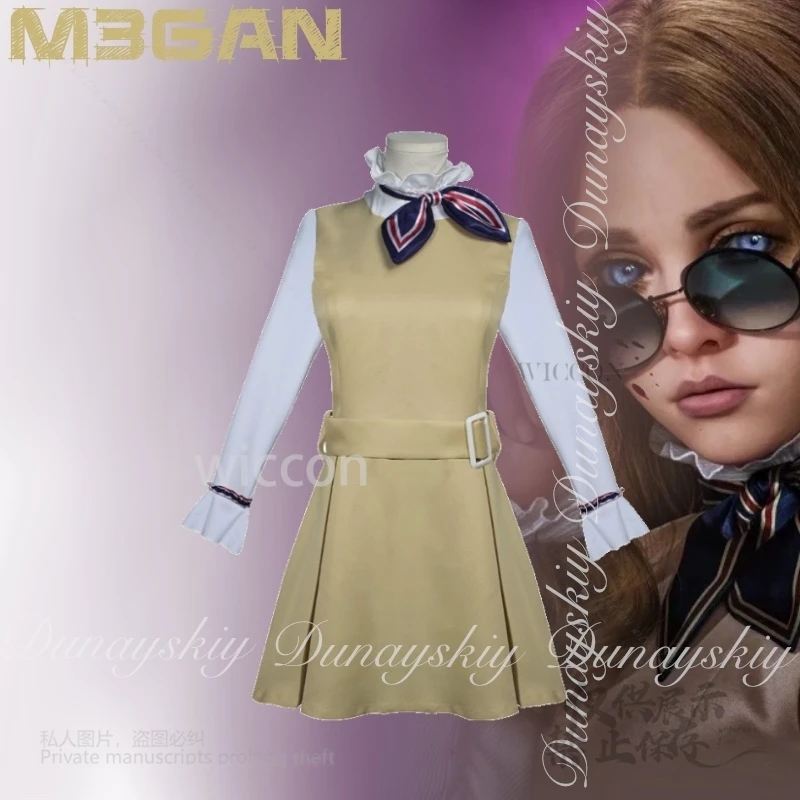 125 M3GAN2.0 فيلم M3gan تأثيري قتل المحظية يدويا AI روبوت مع فستان أصفر شعر مستعار أشقر زي الهالوين جميع مجموعة كوس