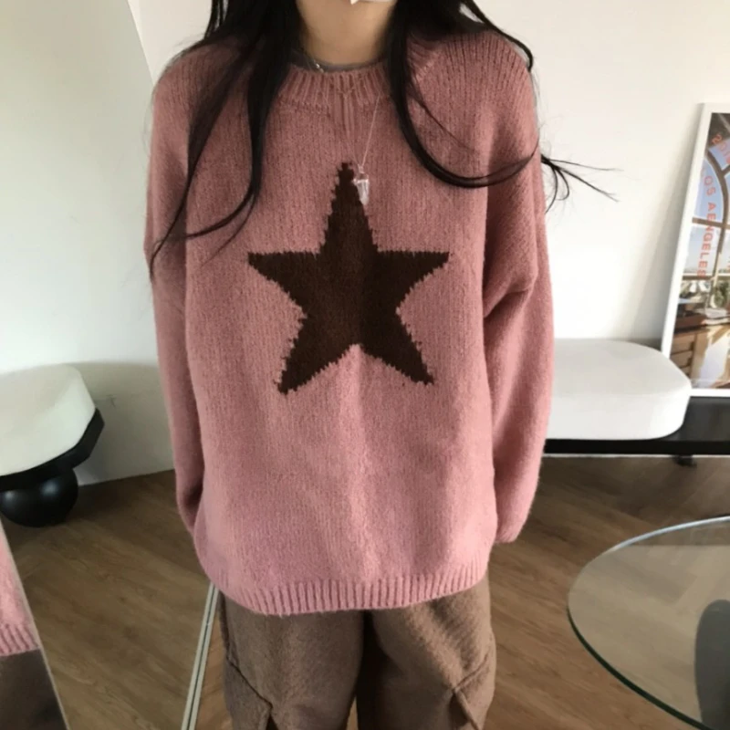 Stars Pattern Winter Women maglioni lavorati a maglia moda coreana Pullover caldo e spesso sciolto Femme O Neck maglioni Casual Vintage 2023