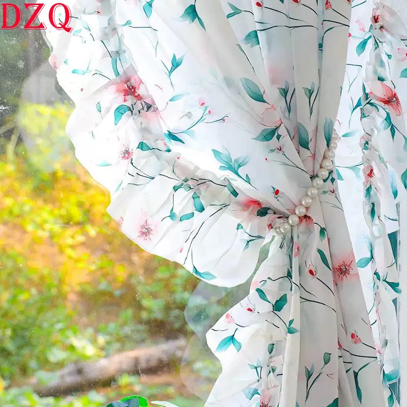 France Idyllic Light Lace Window Tulle Curtain Living Room Warp Ruffled Rural Gauze Door Curtain for Kitchen Bedroom #A618