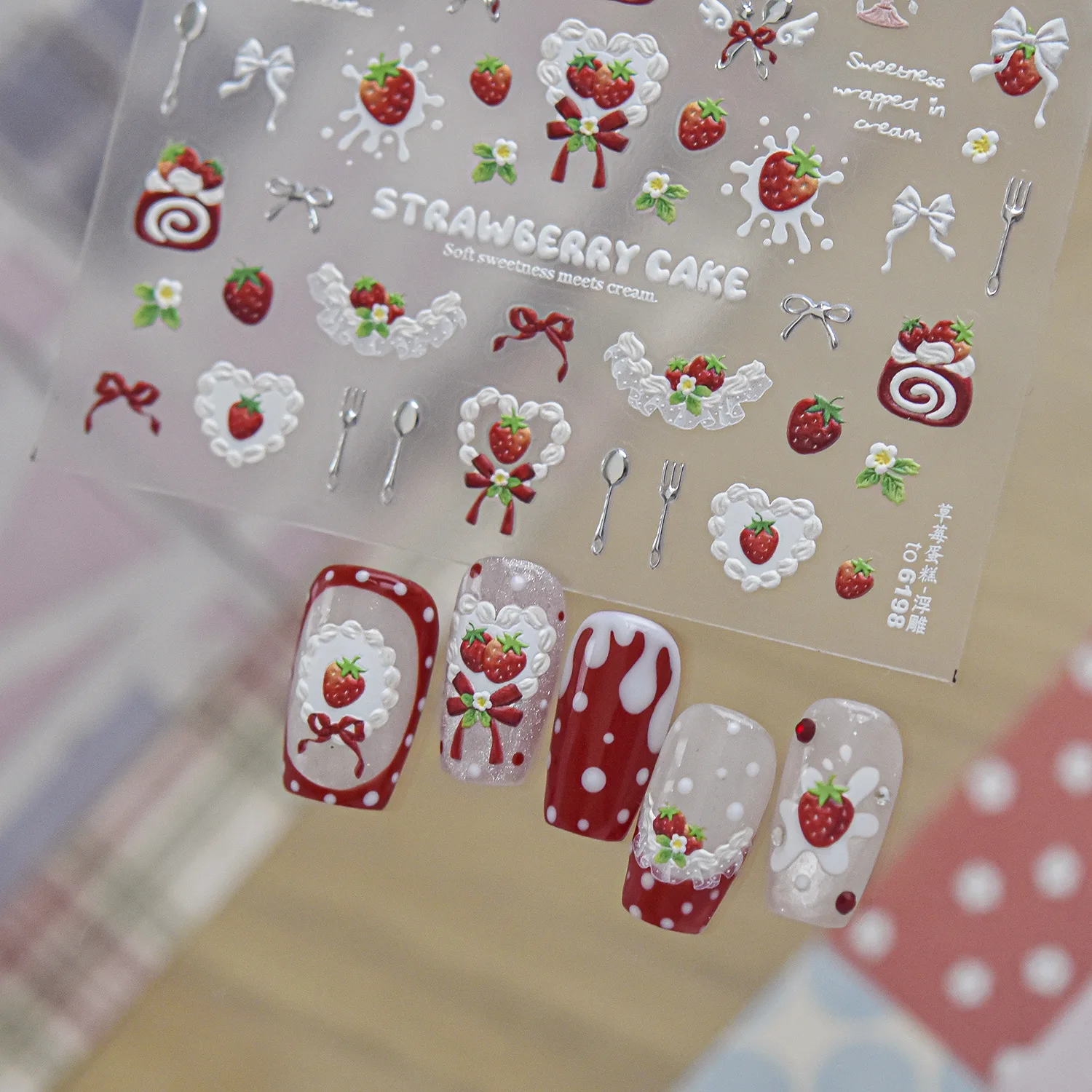 Lace Bow Strawberry Cake 5D Nail Art Stickers Lolita Cream Lace Dessert Knife Fork Sweet Cute Nail Decor Nails Decals Manicure