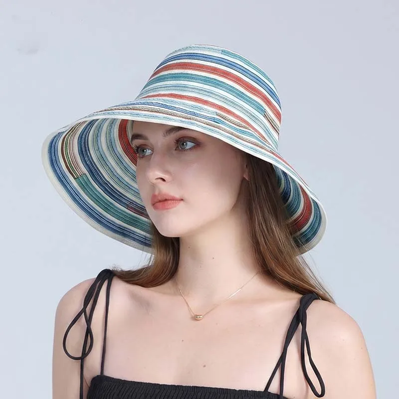 Fashion Colorful Striped Fisherman Hat Summer Outdoor Travel Wide-brimmed Sun Hat Easy Fold Store Breathable Sun-protective Hat