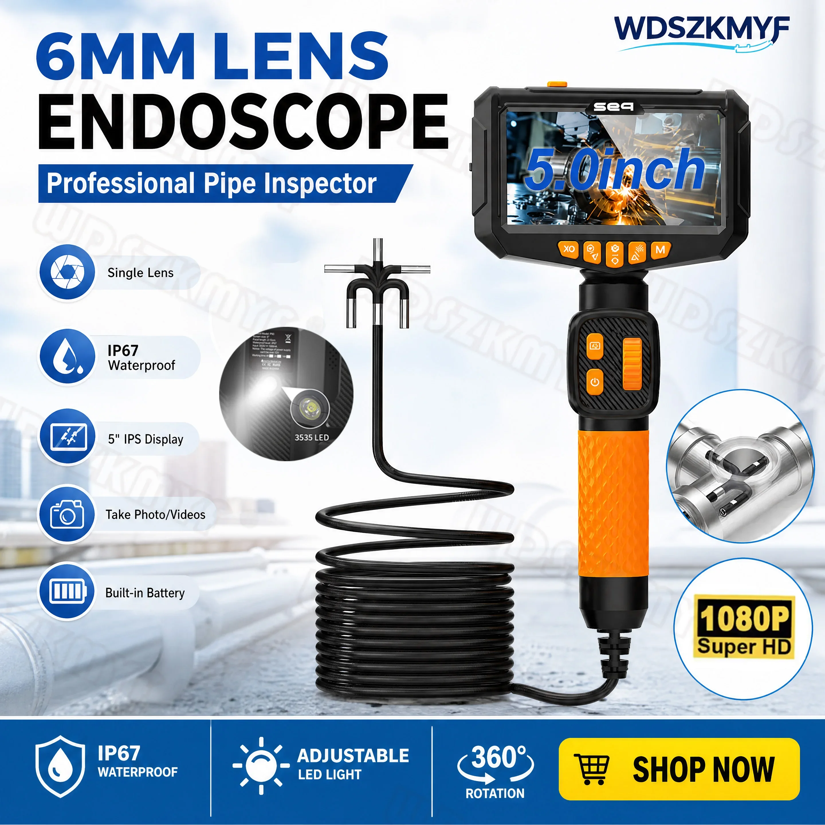 360 Articulating Borescope 1080P 6.0mm 5.0 inch IPS Monitor Industrial Inspection Camera With 2 Way Articulation For Automotive