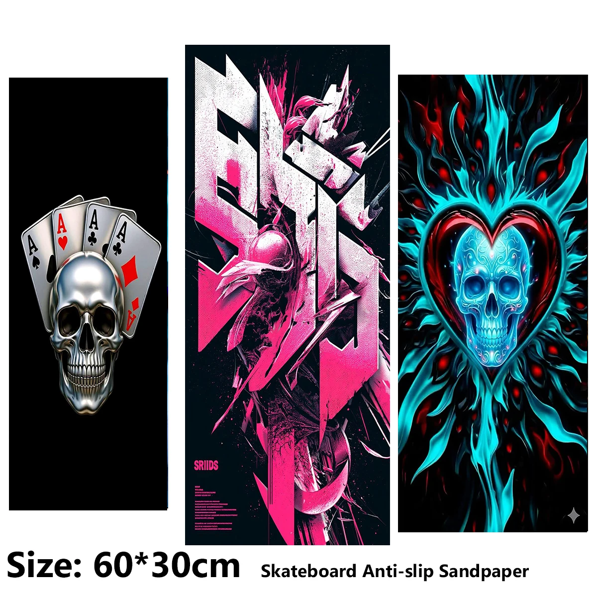 Electric Scooter Anti-slip Sticker Sandpaper Skateboard GripTape Sheet 60*30cm Poker Skull Graffiti Pattern