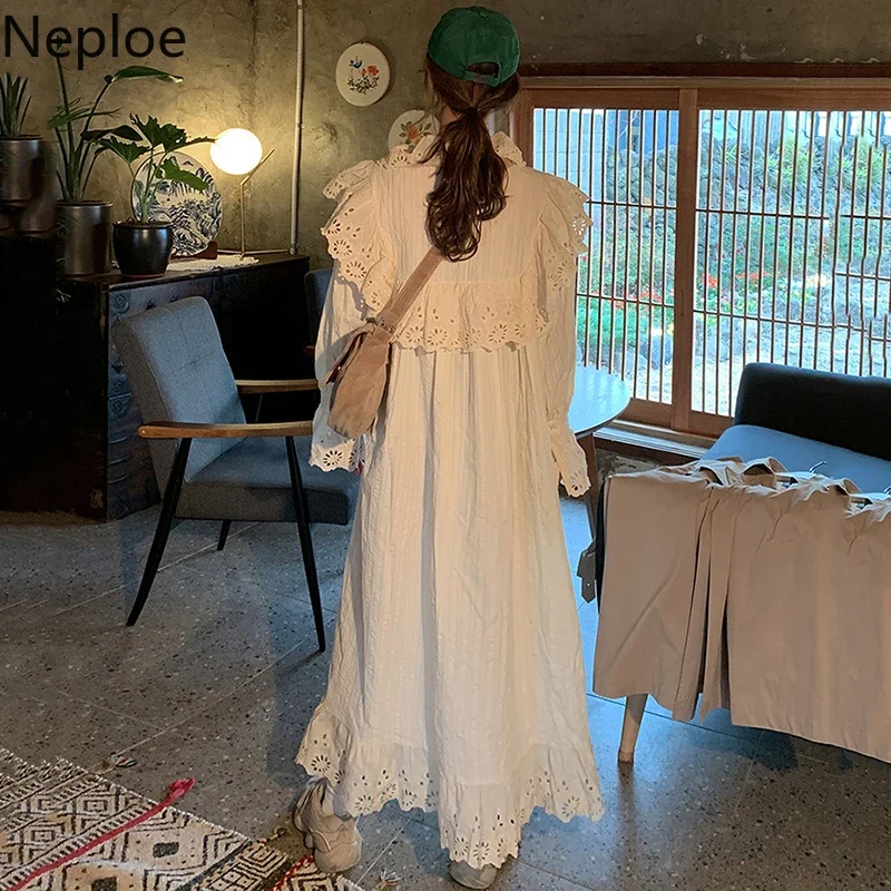 Neploe Korean Chic Hollow Out Design Long Dress O Neck Flare Long Sleeve White Vestido High Waist Hip Loose Ropa Elegant 48558