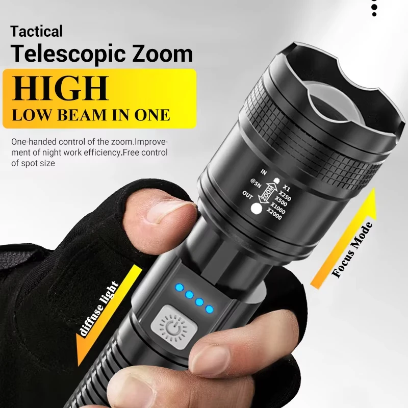 Powerful LED Strong Light Flashlights USB Rechargeable Tactical Zoom Torch with Built-in Battery Outdoor Camping Hunting Lantern
