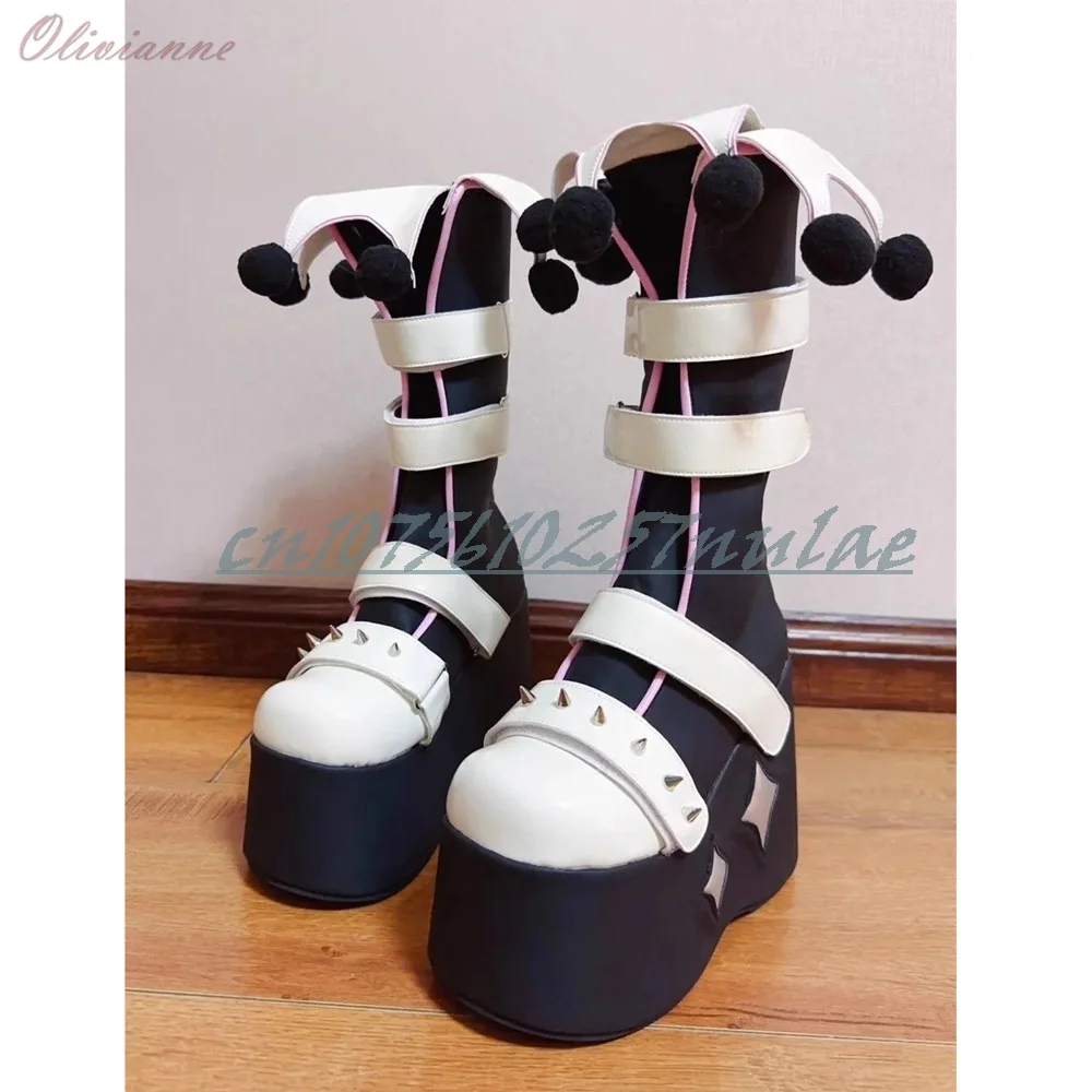 

2025 New Cosplay Design Short Boots Round Toe Thick Soled Platform Hairball Metal Rivets Decor Women Shoes Zapatos Para Mujere