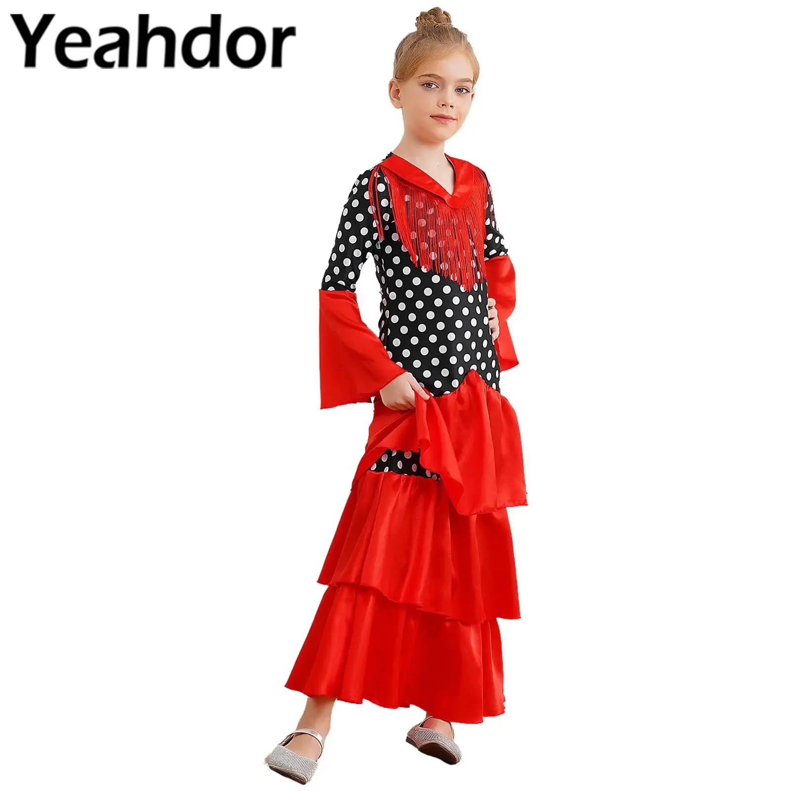 Crianças vestido de dança flamenco halloween cosplay tourada espanhola cosplay traje meninas manga queimada em camadas plissado bolinhas
