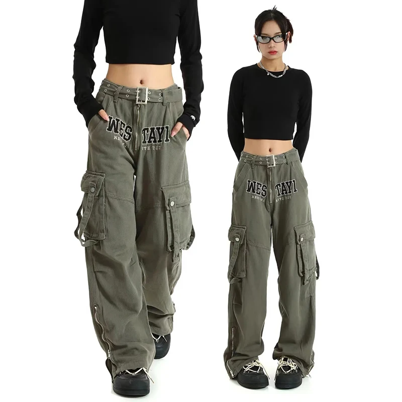 

Hip Hop Letters Printed Y2k Baggy Cargo Pants Women American Style Vintage Grey Streetwear Trousers High Waist Belt StreetPants