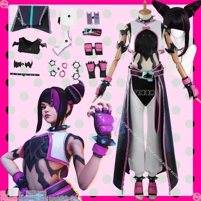 OWW Street Fighter 6 Han Juri Kiriko Cosplay Sexy Hot Pink Batter Uniform Jumpsuit Wigs Halloween
