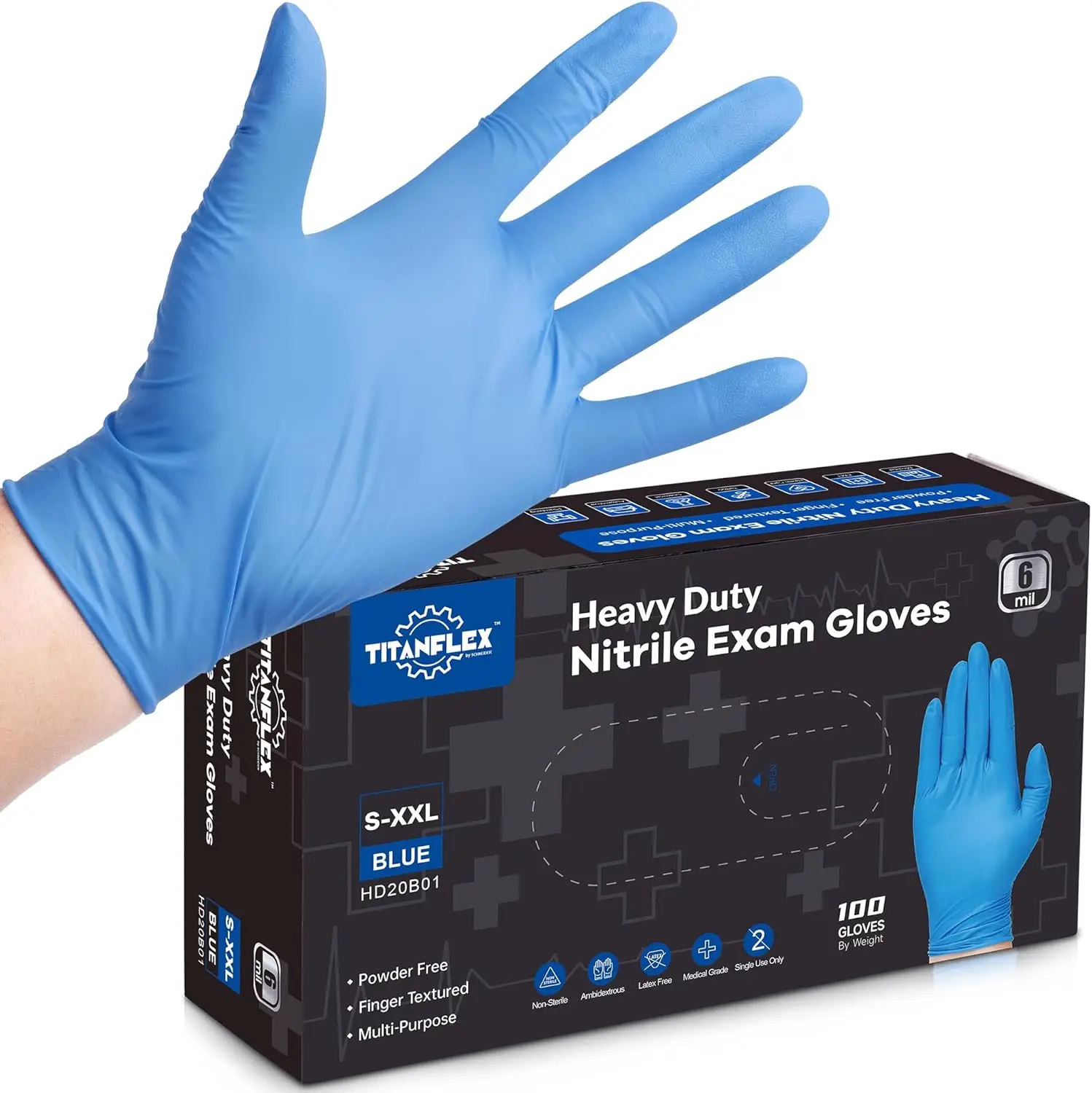 

Heavy Duty Nitrile Exam Gloves, Blue, 6-mil, Latex and Powder Free for Mechanics