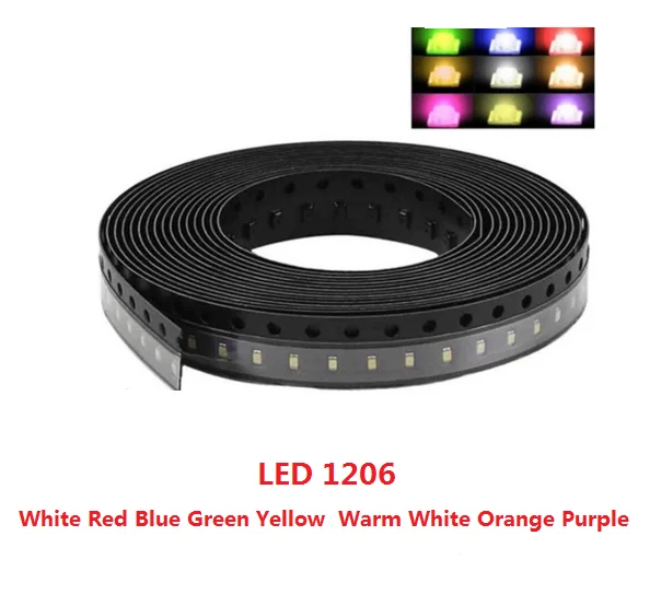 100pcs 1206 White Red Blue Green Yellow  Warm White Orange Purple Bead Super Bright 1206 SMD LED Diodes 3.2*1.6*0.8MM
