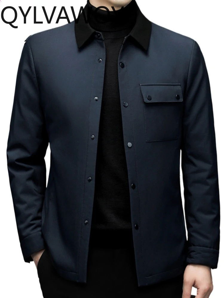 

QYLVAWOY 10%Polyeste Dad's Men's Middle-Aged Autumn Winter Warm Cotton Coat Business Versatile Solid Color Lapel Jacket LJ2076