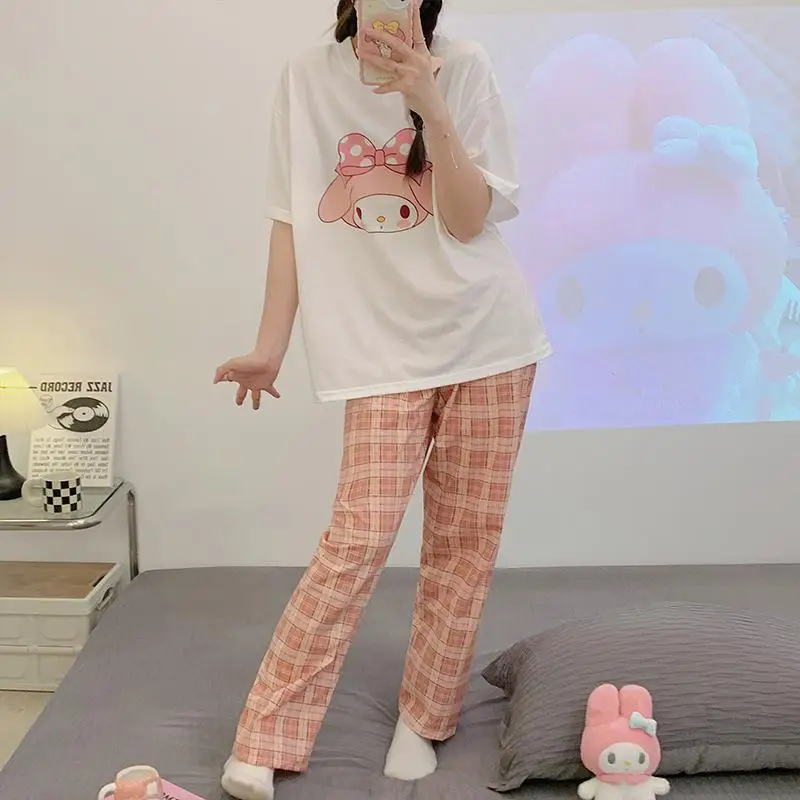 Pajama Set Hello Kitty Kuromi Melody Sanrio Spring and Autumn Women's Loose Round Neck Cute Home Clothes Simple Casual Two-piece