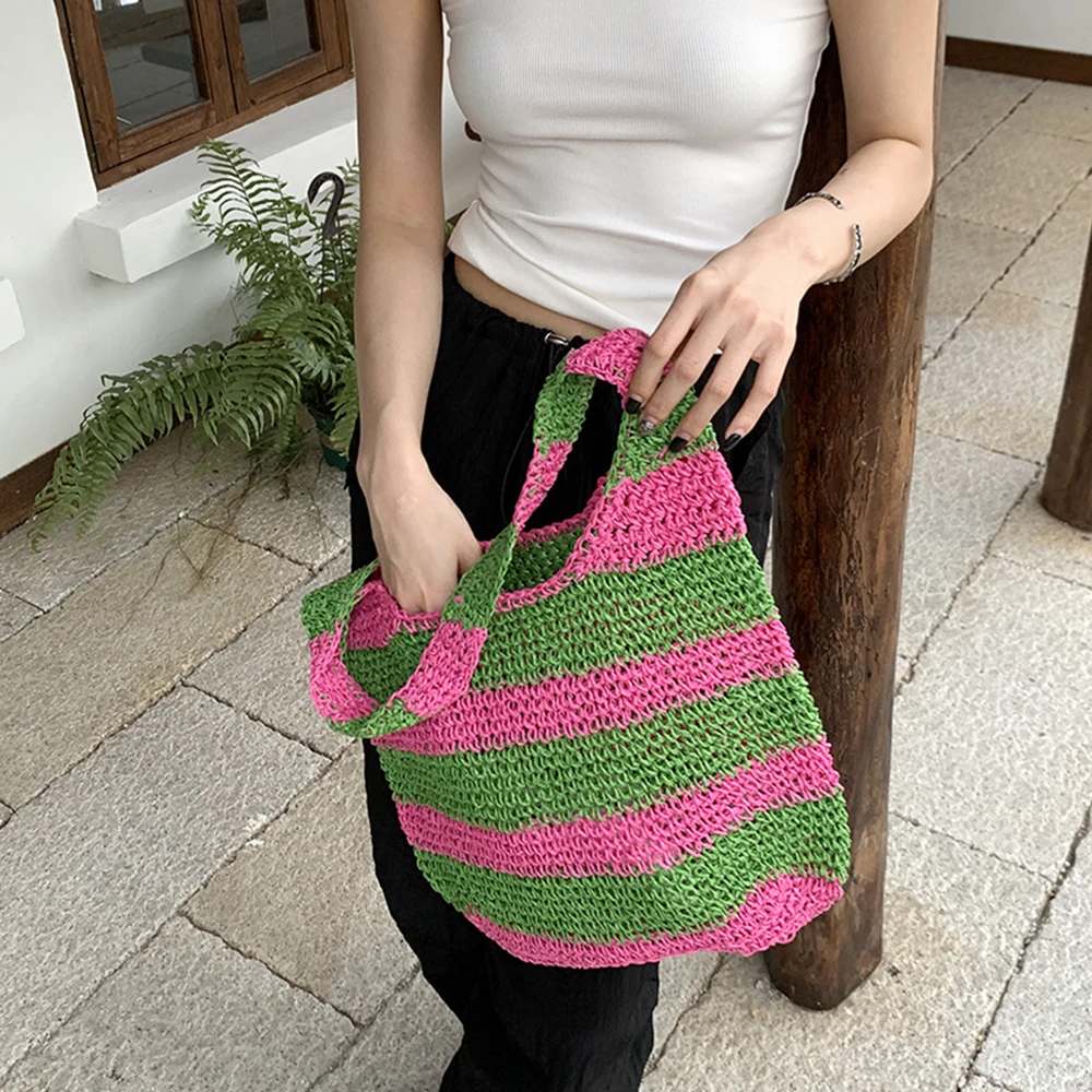 Bolso de paja a rayas para mujer, bolsa de hombro de cuerda de papel grande, bolsos de playa tejidos bohemios para mujer, bolsos de diseñador, Tote Hobos de viaje