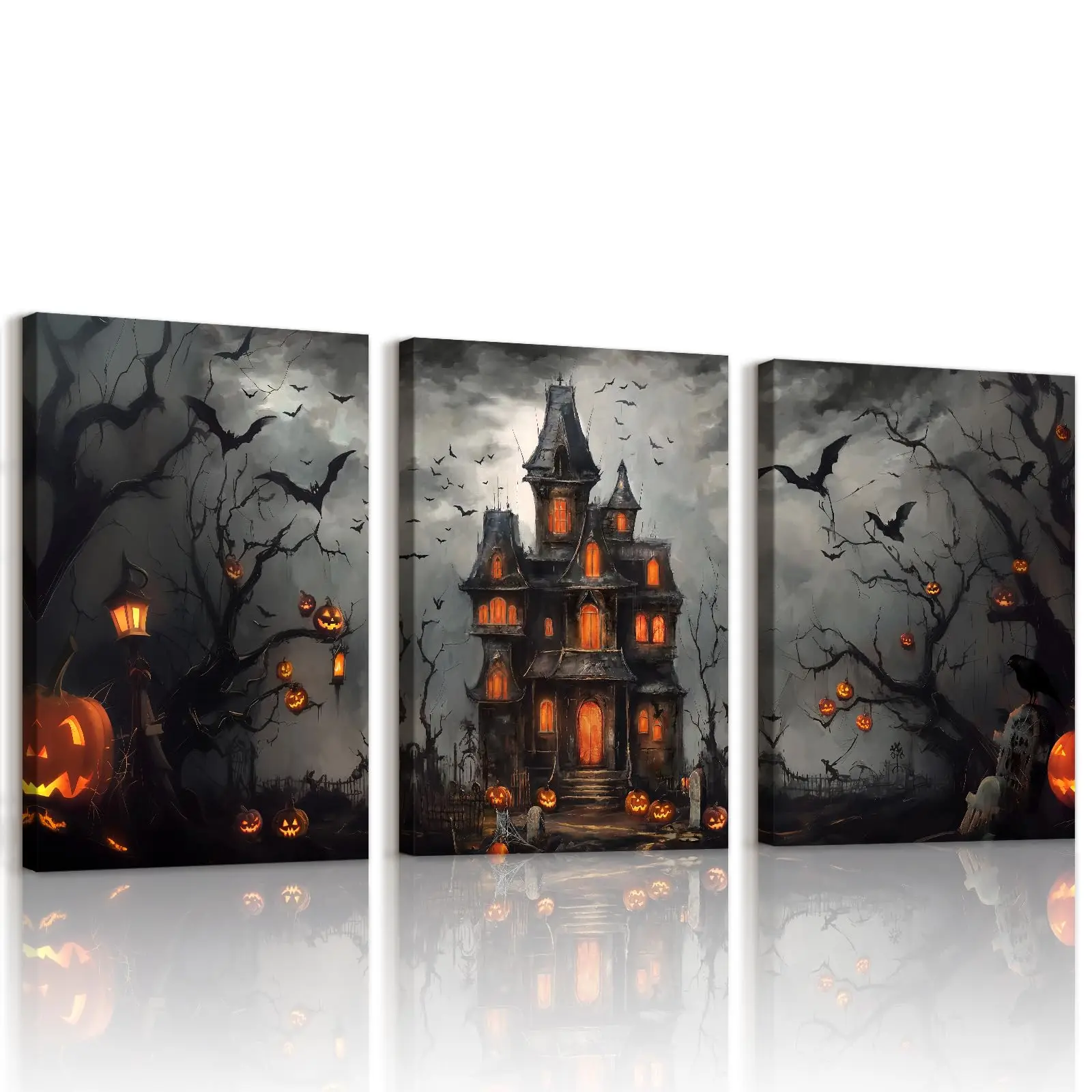 Canvas schilderijen Halloween-thema Pompoenen Kasteel 40x60 cm Set van 3 Kunst-Halloween wanddecoratie, wanddrieluik, woonkamer schilderijen, feestversieringen, Dark Climate kunstwerk, canvas print,