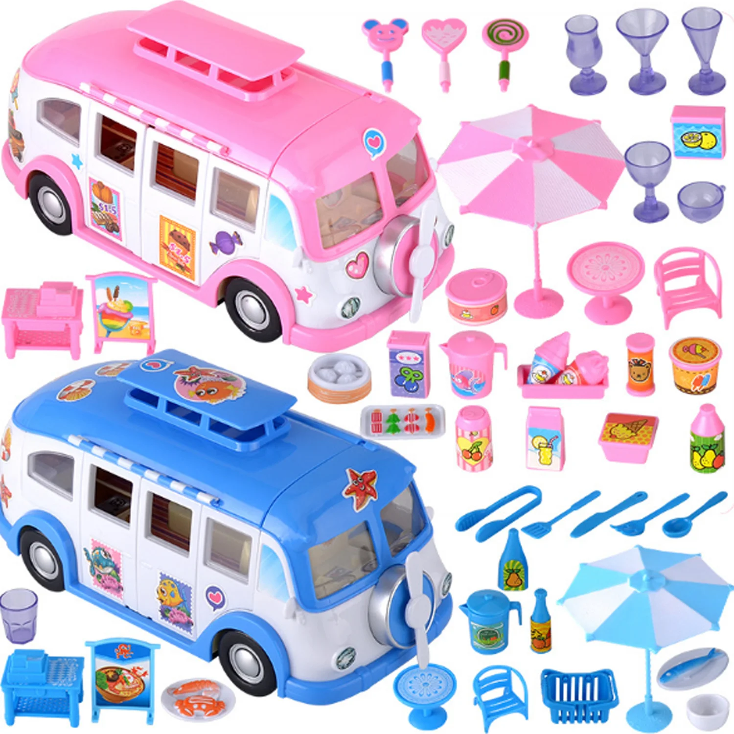 Kids Cute Mini Camper Car Simulation Plastic Pink Motorhome Vehicle Dollhouse Furniture Accessories for Barbie Pretend Play Toy