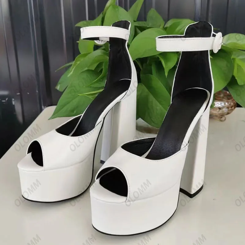 Olomm Handmade Women Summer Sandals Buckle Chunky Heels Peep Toe Beautiful White Ladies Party Shoes US Size 35 43 44 45 46 47