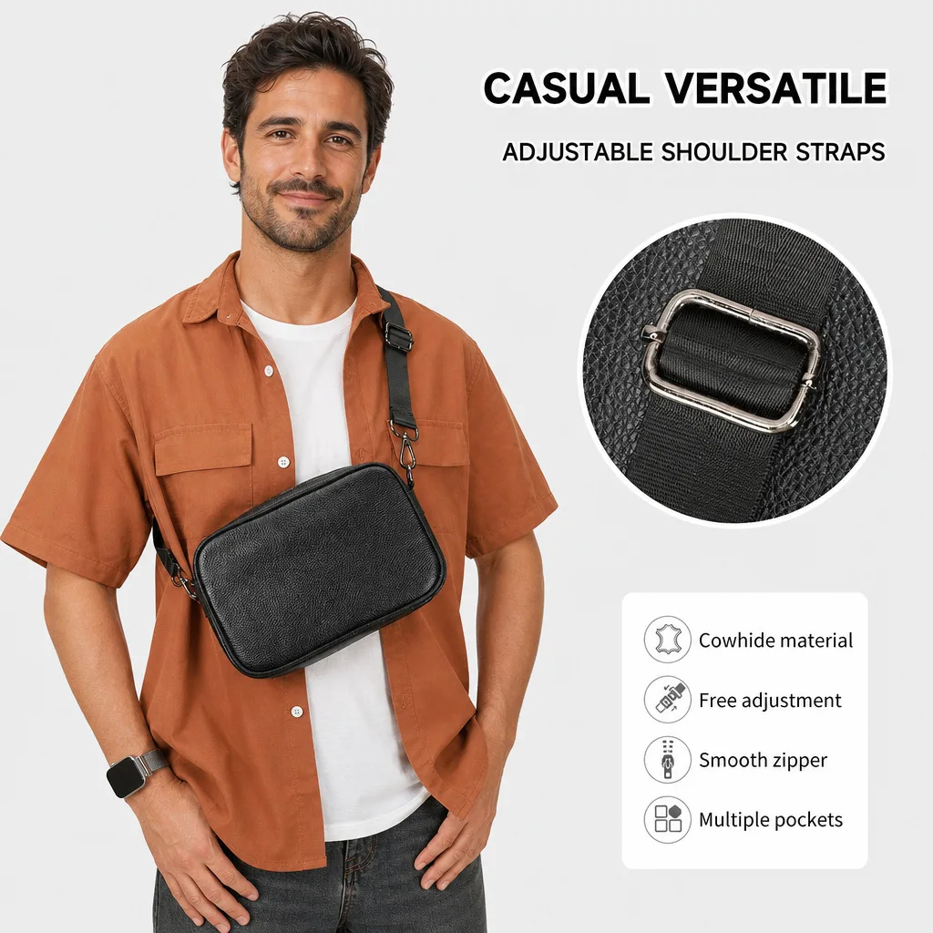 Genuine Leather Small Crossbody Bag for Men Cowhide Business Sling Bag Vintage Messenger Purse Fits 8 inch Tablet