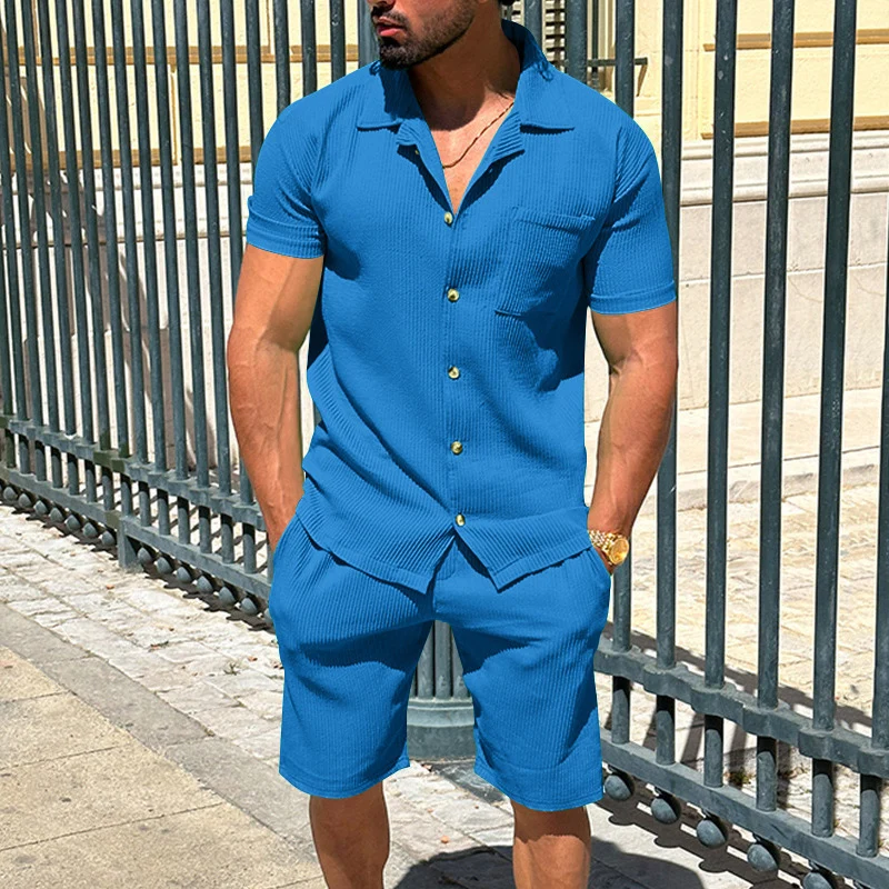 Vintage einfarbige gerippte Hemden Männer zweiteilige Sets Kurzarm Revers Hemd und Shorts passt Sommer lässig Herren lose Outfits