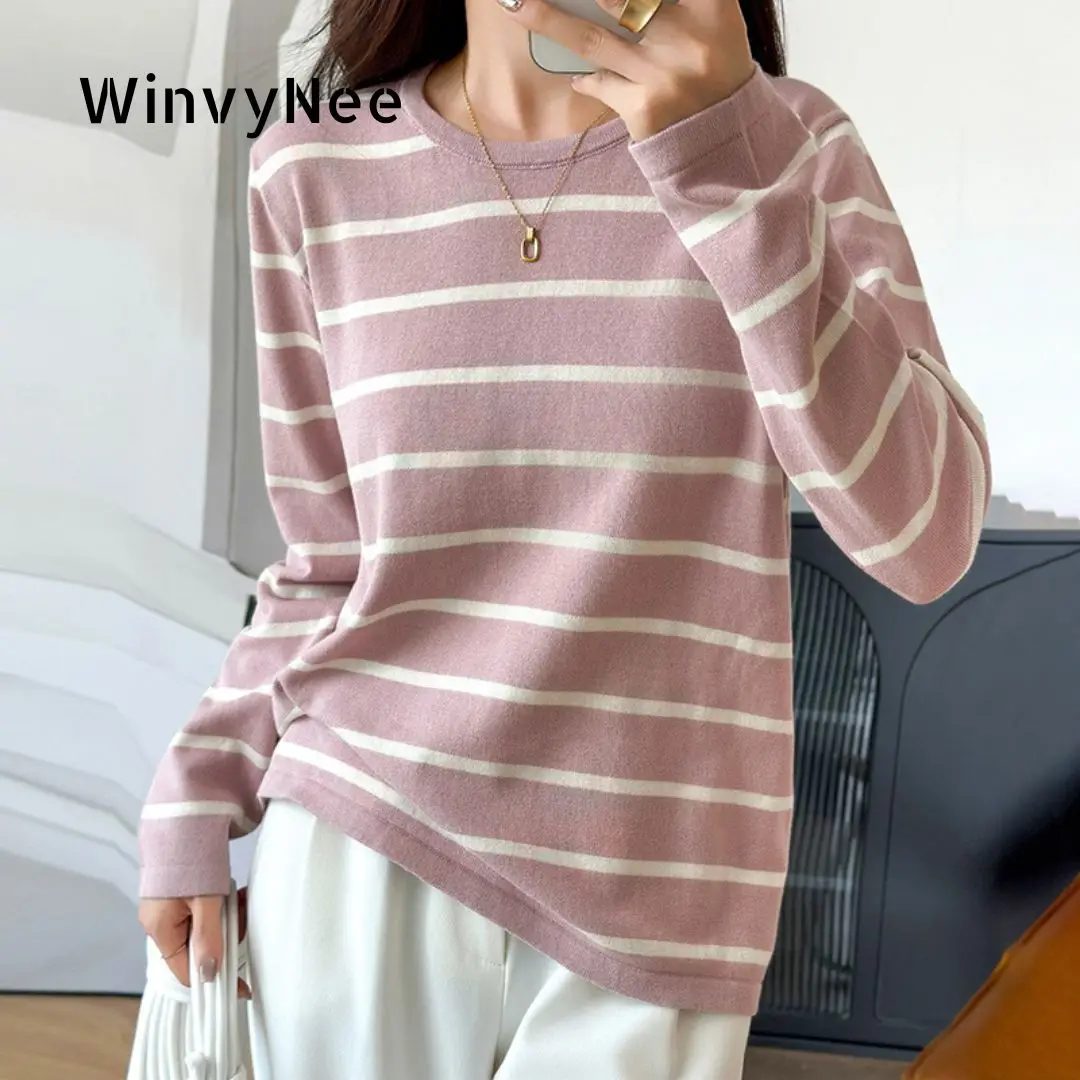 

WinvyNee Women's Clothing 100% Pure Cotton Striped O-Neck Long Sleeve Home Relax Indoor Basic Tops Soft Daily Outfit ZA1002013