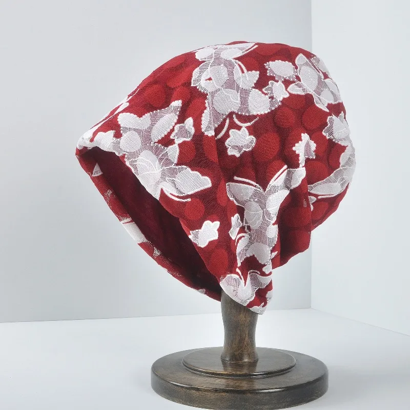 Women Summer Lace Knit Hat Double Layer Elastic Sun Protection Butterfly Jacquard