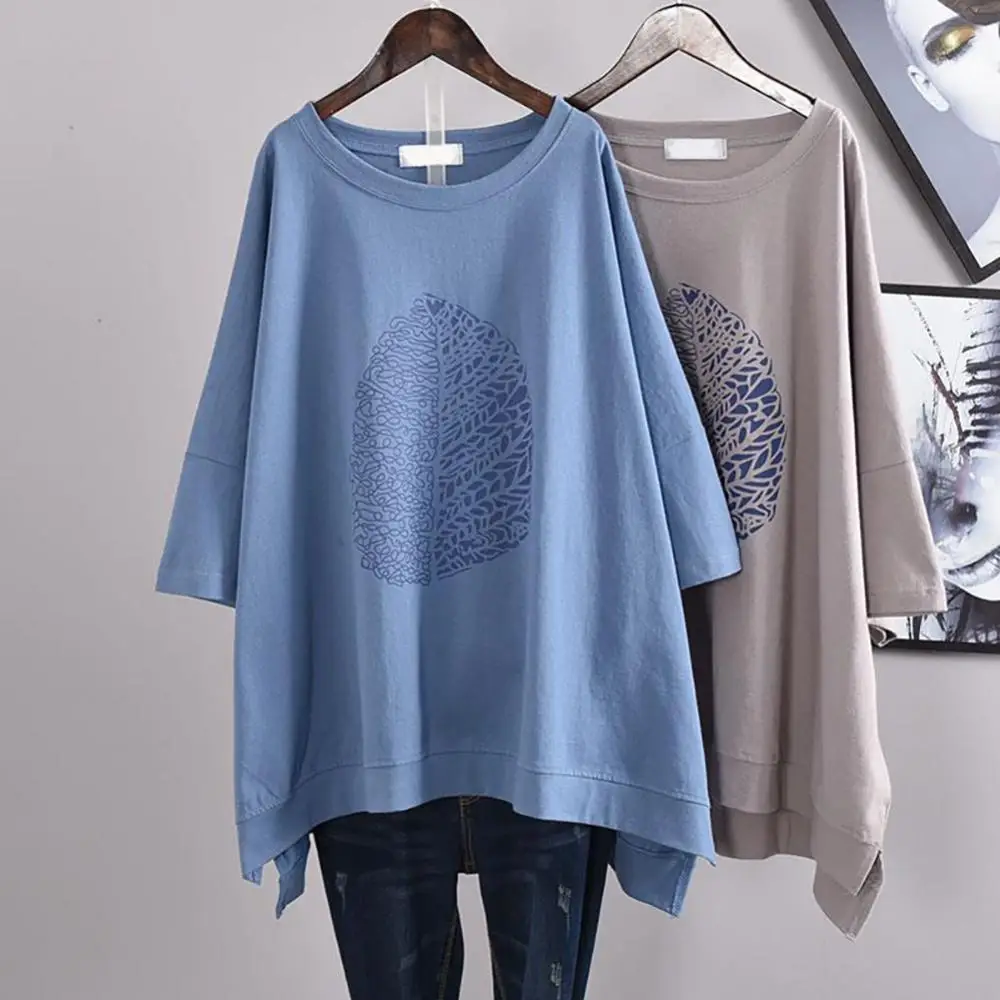 Shorts Sleeve Women T-shirts Casual Loose Top Women Blouse 3/4 Sleeve O Neck Leaf Print High Low Hem T-shirt Blouse Tee Tops