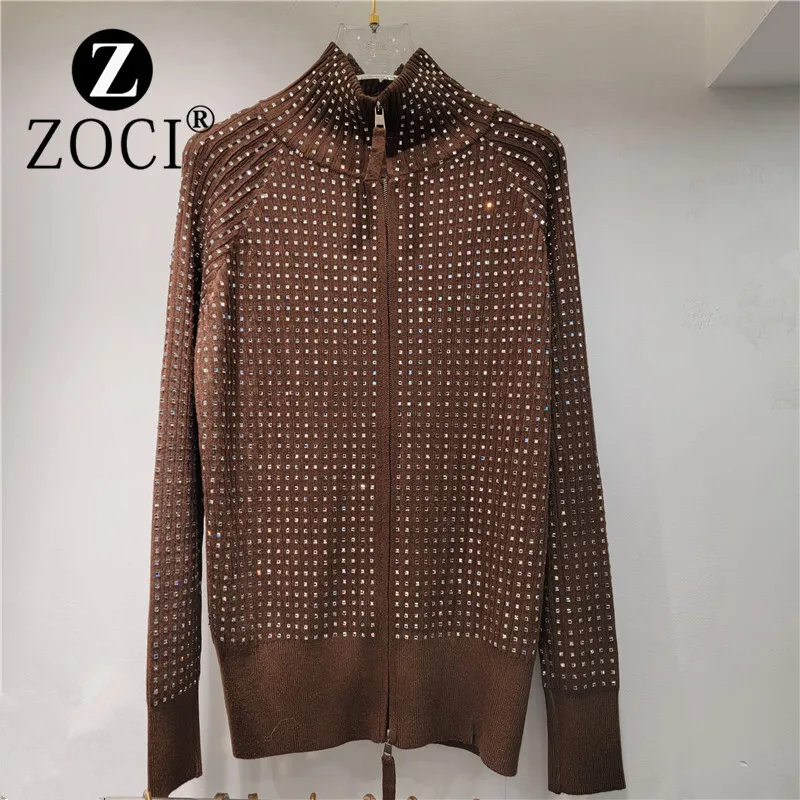 [ZOCI] Heavy Industry Hot Diamond Sweater Women's High Collar Knitted Zipper Jacket Loose New