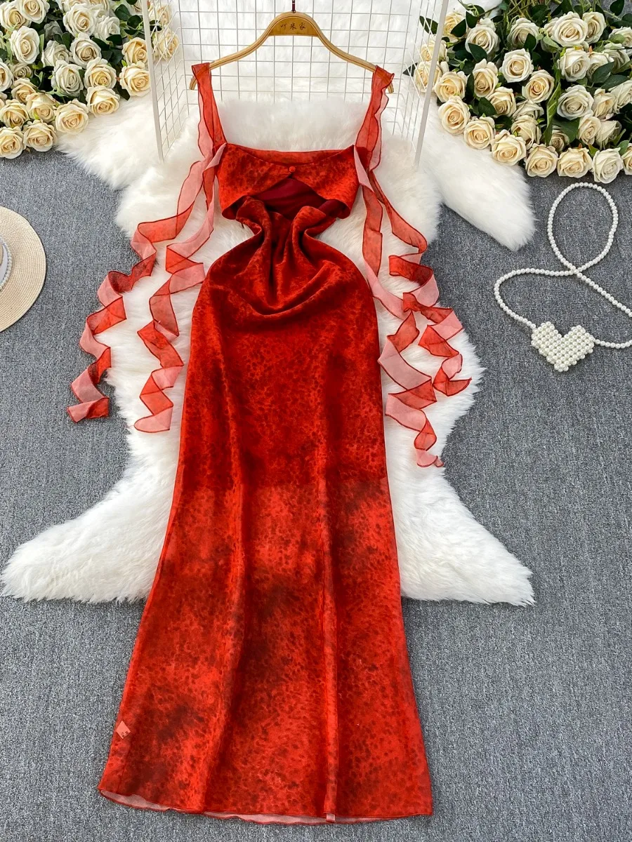 Foamlina francés Retro elegante Tie Dye cuello vuelto vestido de tirantes Halter mujeres diseño de verano sentido fluido cinta cola de pez Maxi vestido