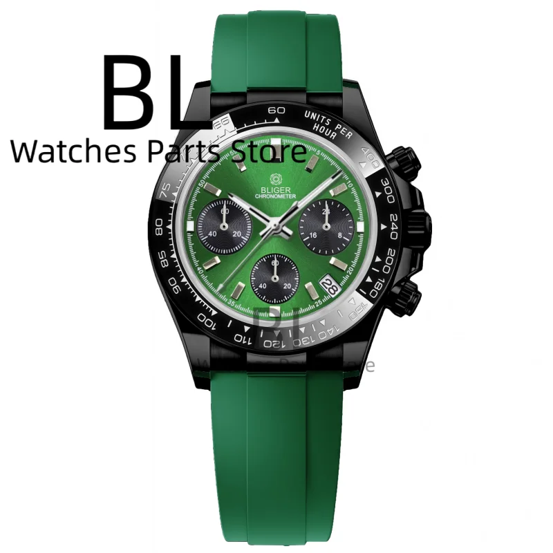 

BLIGER 39mm Stop Watch for Men VK63 Quartz Movement Date Green Dial Sapphire Crystal Full Chronograph 316L Bracelet Rubber Strap