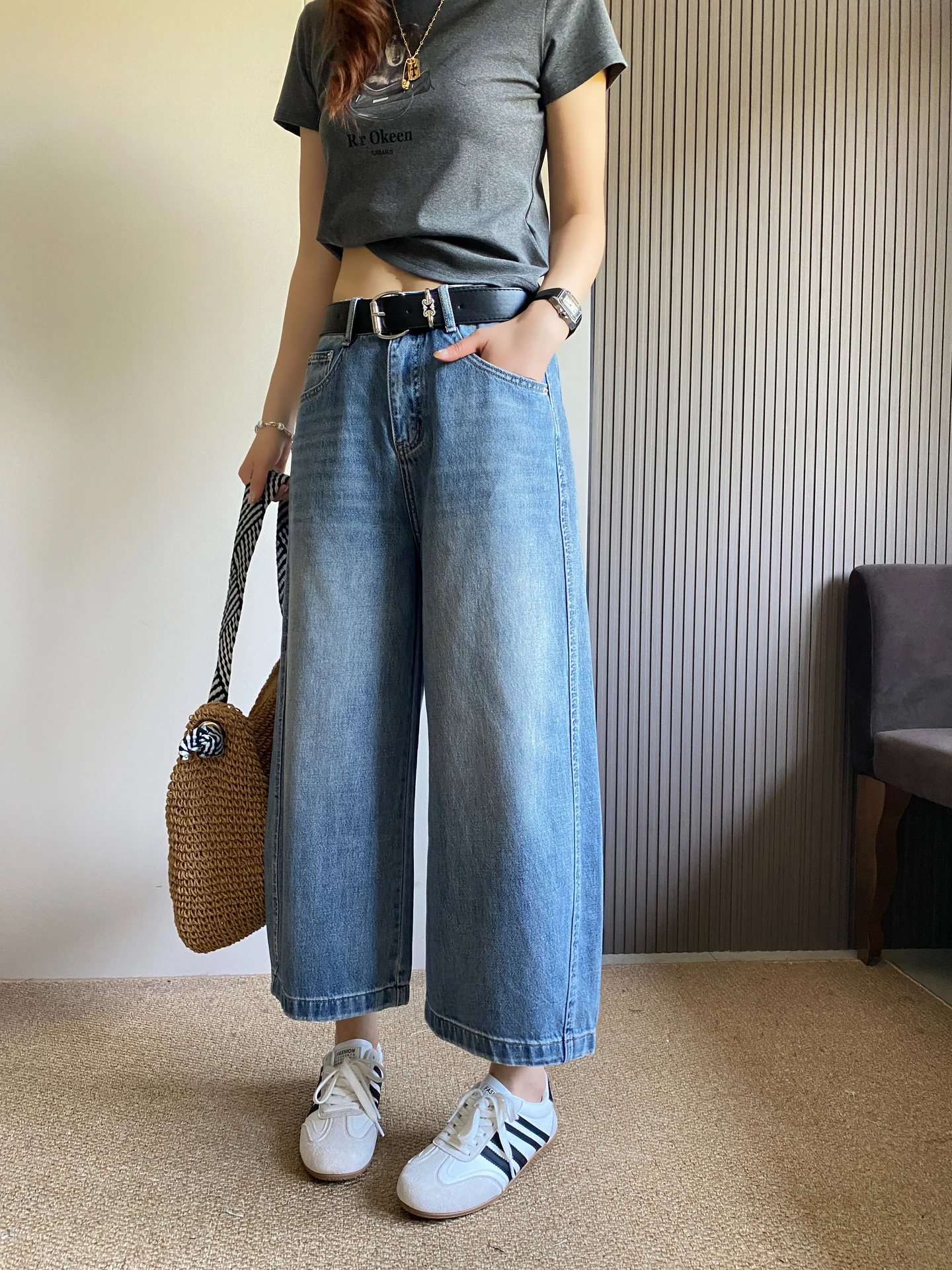 

Джинсы с высокой талией и широкими штанинами для женщин, весна-лето, новый стиль, утягивающие, укороченные, свободного кроя, повседневные брюки